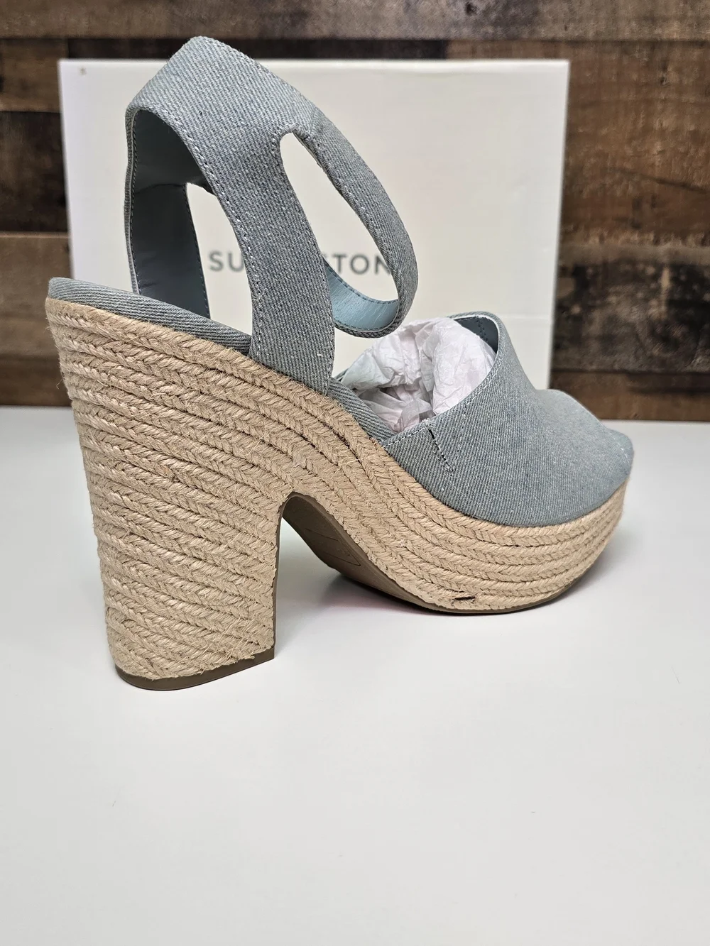 Sun + Stone Light Blue Denim Platform Espadrille Sandals